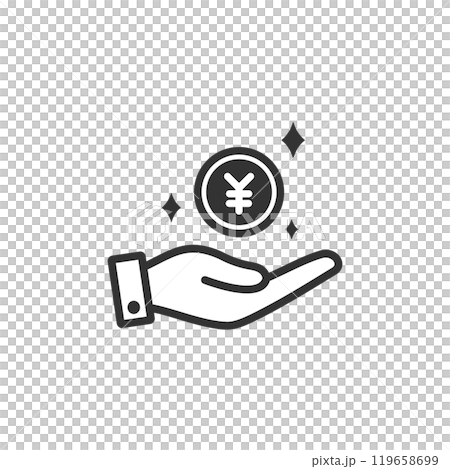 手掌上的錢(硬幣)圖示(線條圖,黑白) 手掌上的錢(硬幣)圖示(線條圖,黑白) 119658699