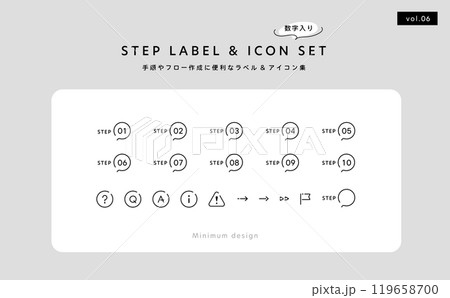 手順やフロー作成に便利なラベルとアイコンのあしらい素材セット6 手順やフロー作成に便利なラベルとアイコンのあしらい素材セット6 119658700