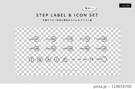 手順やフロー作成に便利なラベルとアイコンのあしらい素材セット6 手順やフロー作成に便利なラベルとアイコンのあしらい素材セット6 119658700