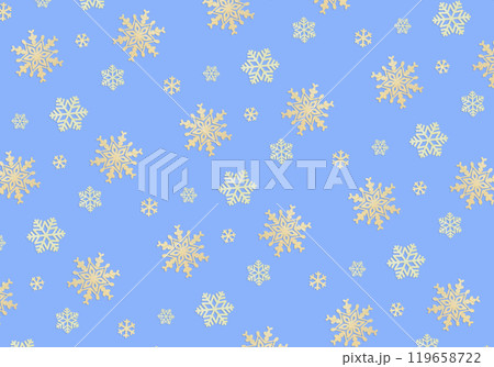 立体的な木製の黄色い雪の結晶の模様が並ぶ青い背景 立体的な木製の黄色い雪の結晶の模様が並ぶ青い背景 119658722