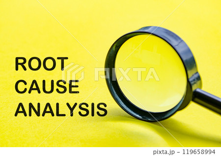 Root Cause Analysis text on yellow cover with magnifying glass background. Business solution concept 119658994