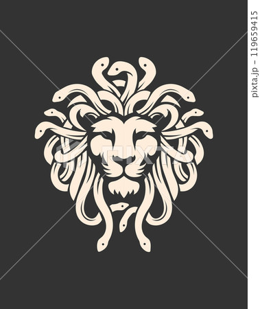lion face combine with medusa concept, strength and wisdom, intelligence and mystery 119659415
