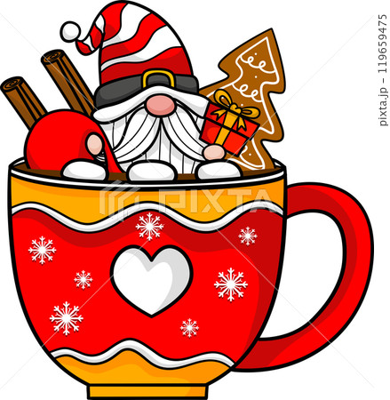 Cute Gnome Cartoon with hot chocolate for Christmas celebration illustration by hand drawn. 119659475