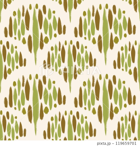 Hand drawn seamless pattern with ikat ethnic traditional indonesian fabric print. green beige brown abstract geometric stripes lines design mid century modern splash stroke vibrant print. 119659701