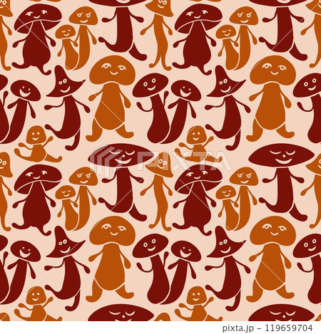 Hand drawn seamless pattern with beige brown forest wood mushrooms funny dancing groovy. Woodland minimalist toadstool wild fungus fungi, nature poisonous plant organic season, joke design. 119659704