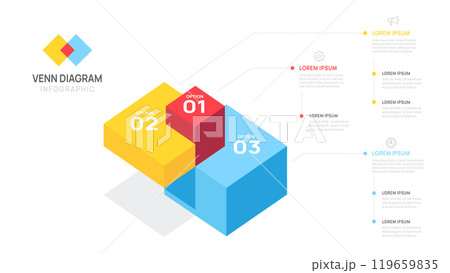 Infographic isometric Venn diagram chart template for business 3 steps vector illustration. 119659835