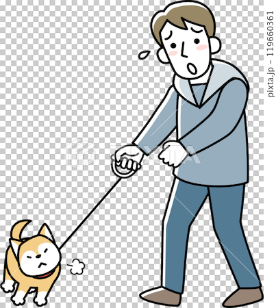 A young man and his troubled owner, a dog that doesn't want to go for a walk A young man and his troubled owner, a dog that doesn't want to go for a walk 119660361