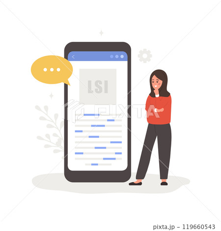 Lsi keyword service. Latent Semantic Indexing. Search engine marketing. Vector illustration in flat cartoon style. Arabian female character is engaged in Web analysis and word search optimization Lsi keyword service. Latent Semantic Indexing. Search engine marketing. Vector illustration in flat cartoon style. Arabian female character is engaged in Web analysis and word search optimization 119660543