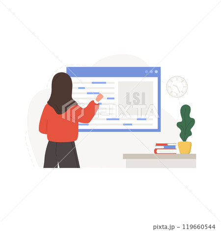Lsi keyword service. Latent Semantic Indexing. Key phrases generator. Vector illustration in flat cartoon style. Arabian female character is engaged in Web analysis and word search optimization 119660544