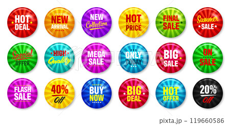 Realistic funky badges with text. Product promotion, sale. Special offer. Glossy round button. Pin badge mockup. Vector illustration 119660586