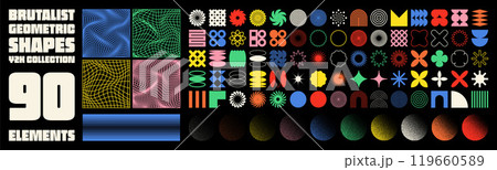 Brutalist geometric shapes, modern symbols. Groovy checkered pattern, distorted tiled grid. Simple elements, forms. Retro design, trendy contemporary minimalist style, y2k. Vector illustration Brutalist geometric shapes, modern symbols. Groovy checkered pattern, distorted tiled grid. Simple elements, forms. Retro design, trendy contemporary minimalist style, y2k. Vector illustration 119660589