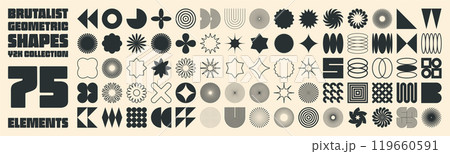 Brutalist geometric shapes, modern symbols. Simple primitive elements and forms. Retro design, trendy contemporary minimalist style, y2k. Vector illustration 119660591