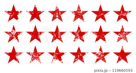 Red vintage stars with cracks and stains. Old hand-drawn sign, black simple shape. Retro design element with distressed effect, grunge texture. Vector illustration 119660593