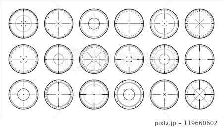 Various sniper rifle sights with degree scale, weapon optical scope crosshair. Hunting gun viewfinder. Shooting mark symbol, aim. Military target sign. Game interface UI element. Vector illustration 119660602