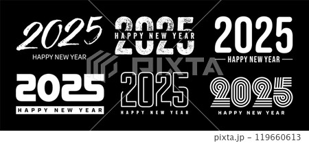 Set of 2025 Happy New Year greeting text designs. Christmas banner, poster, festive greeting card or seasonal promotion template. Collection of 2025 numbers with greetings. Vector illustration Set of 2025 Happy New Year greeting text designs. Christmas banner, poster, festive greeting card or seasonal promotion template. Collection of 2025 numbers with greetings. Vector illustration 119660613