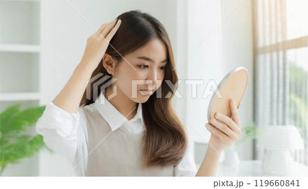 女性　人物　髪　悩み　抜け毛　ダメージヘア　 119660841