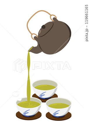 汲み出し茶碗に急須でお茶を回し注ぎするイラスト 119661165
