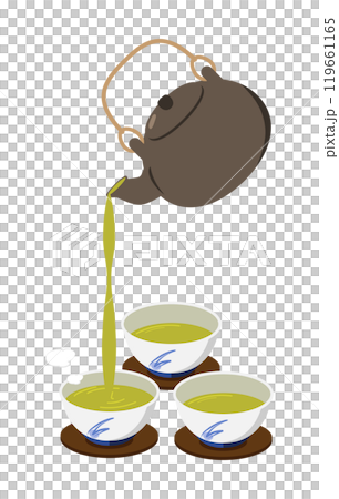 汲み出し茶碗に急須でお茶を回し注ぎするイラスト 119661165