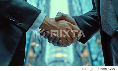 ビジネス街でのビジネスマンの商談の握手 ビジネス街でのビジネスマンの商談の握手 119661339