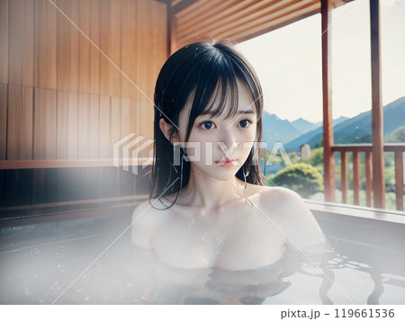 青空の温泉露天風呂に入浴中の若い女性	 119661536