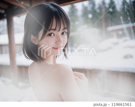 冬景色の温泉露天風呂に入浴中の若い女性	 119661561