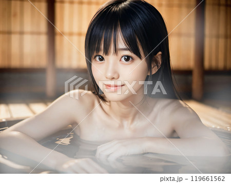 夜の温泉露天風呂に入浴中の若い女性	 119661562