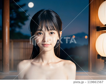 満月の夜の温泉露天風呂に入浴中の若い女性	 119661567
