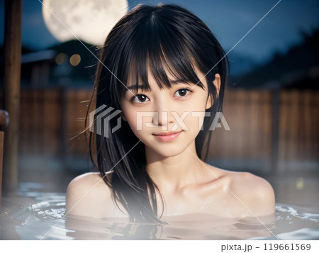 満月の夜の温泉露天風呂に入浴中の若い女性	 119661569