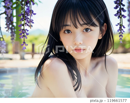 藤の花が咲く温泉露天風呂に入浴中の若い女性 119661577