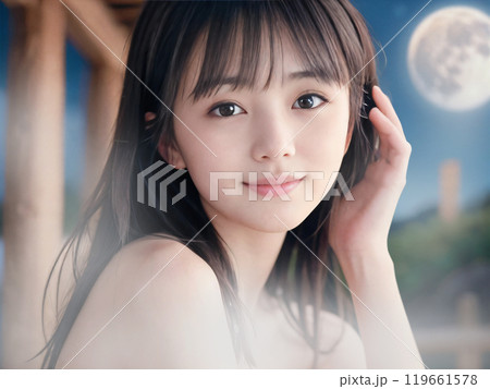 満月の夜の温泉露天風呂に入浴中の若い女性	 119661578