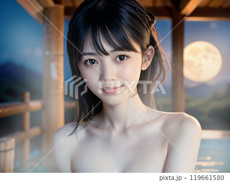 満月の夜の温泉露天風呂に入浴中の若い女性	 119661580