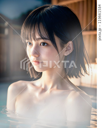 夜の温泉露天風呂に入浴中の若い女性	 119661584