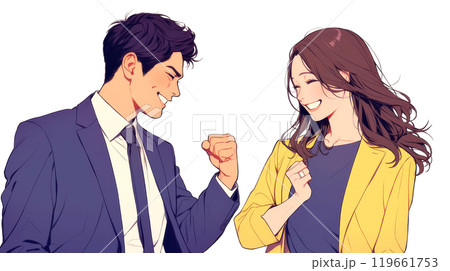ガッツポーズをして喜び合う男女のビジネスマン ガッツポーズをして喜び合う男女のビジネスマン 119661753