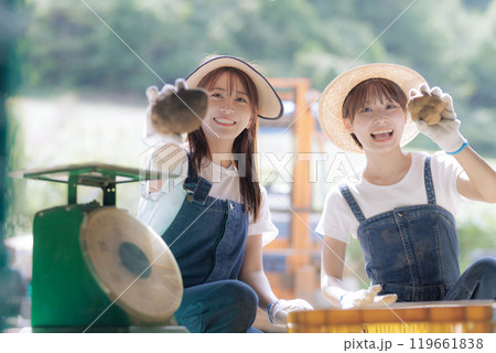 収穫したジャガイモの出荷準備をしている若い女性 119661838