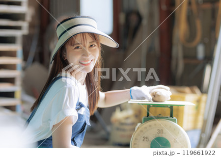 収穫した野菜の出荷準備をしている若い女性 収穫した野菜の出荷準備をしている若い女性 119661922