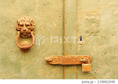 Detail of a knocker and a bolt on an old door 119662040