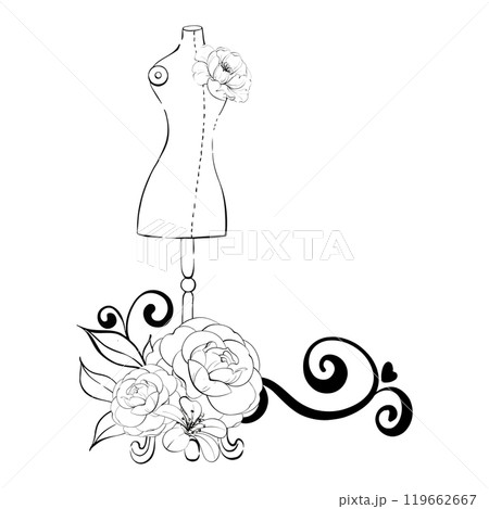 Mannequin Stand for Tailoring and Fashion Design with flowers for logo, postcard, fabric, printing. Dressmaker production for fashion in retro, vintage style. Graphic vector line, hand drawn, black Mannequin Stand for Tailoring and Fashion Design with flowers for logo, postcard, fabric, printing. Dressmaker production for fashion in retro, vintage style. Graphic vector line, hand drawn, black 119662667
