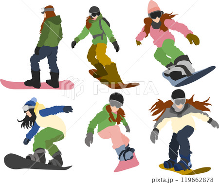 冬の雪山でスノボーする女性のイラストセット 冬の雪山でスノボーする女性のイラストセット 119662878