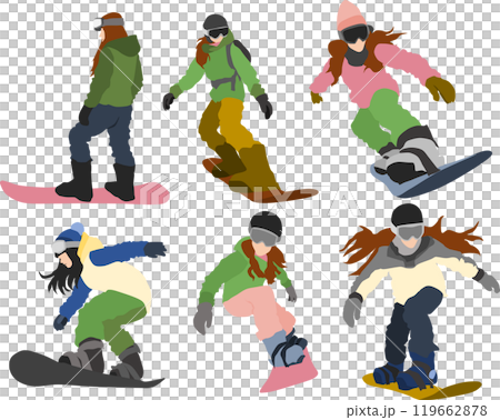 冬の雪山でスノボーする女性のイラストセット 冬の雪山でスノボーする女性のイラストセット 119662878