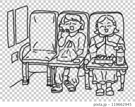 一個人在新幹線上吃車站便當的鉛筆式線條畫插圖 119662945