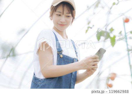 デジタルデバイスで農作物を管理している若い女性 119662988