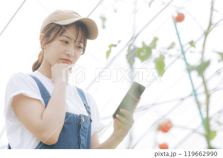 デジタルデバイスで農作物を管理している若い女性 119662990
