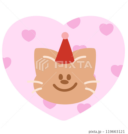 Cute illustration of cat, red party hat, pink heart for Valentine, pet shop, vet, cartoon, character, sticker, comic, mascot, patch, brooch, kid doll, toy, love sign, adopt and rescue animals, foster 119663121