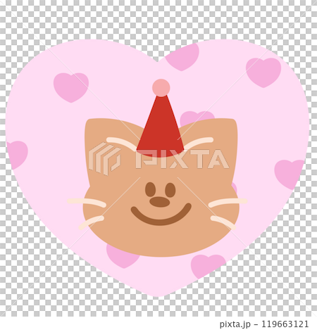 Cute illustration of cat, red party hat, pink heart for Valentine, pet shop, vet, cartoon, character, sticker, comic, mascot, patch, brooch, kid doll, toy, love sign, adopt and rescue animals, foster 119663121