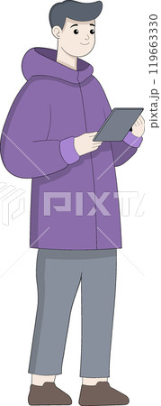 Young Man in Purple Jacket Using a Tablet for Work in a Minimalist Cartoon Style Illustration 119663330