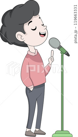 Young Man Singing Confidently into a Microphone in a Cartoon Style Illustration 119663331