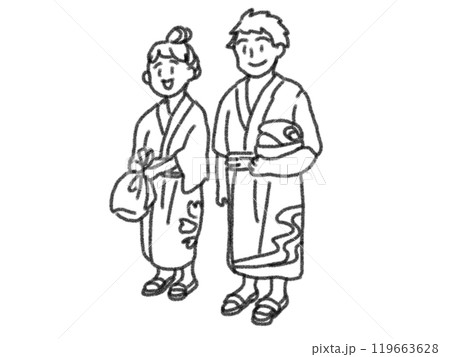 鉛筆画風の宿の浴衣を着ている人の線画イラストのイラスト素材