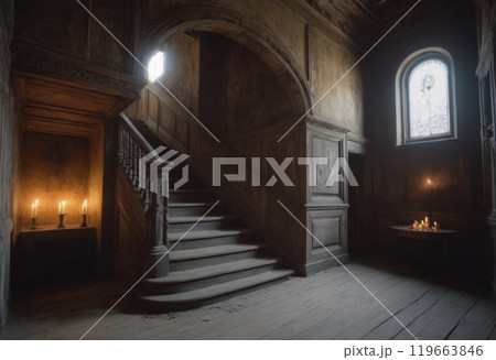 interior of old house hall with stairs 119663846