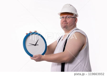 A Construction Worker shown with a clock, encapsulating the essence of timing in their work A Construction Worker shown with a clock, encapsulating the essence of timing in their work 119663932