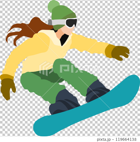 冬の雪山でスノボーする女性のイラスト 119664138